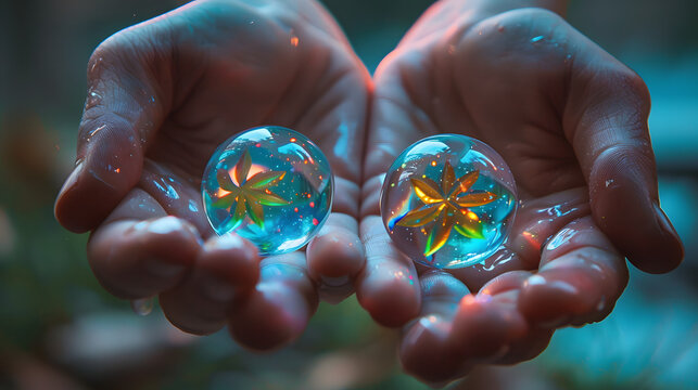 Closeup of two hands grasping three huge marbles shaped like the flower symbol. 