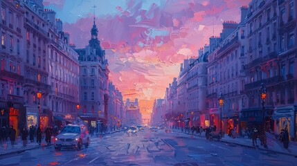 Beautiful, painting of a European city main street