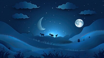 celebration banner with moon and cow goat paper cut effect on blue night color background Muslim celebration day AI Generated