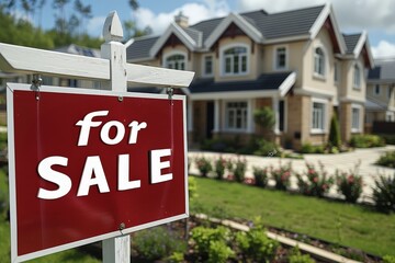 Home for sale, real estate sign by a house with a well kept lawn on the foreground