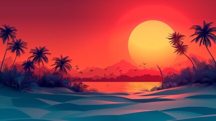 Minimalistic Summer Festival - Sunset Over Tropical Landscape with Palm Trees and Birds - Vibrant and Serene Design with Negative Space - Event Invitations and Travel Promotions - Generative AI