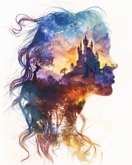 Watercolor illustration of a princess girl with fairy tales kingdom double exposure
