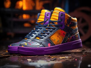an illustration product shot of a pair of high-top sneakers, meticulously styled and photographed against a backdrop that reflects urban street culture, AI Generative
