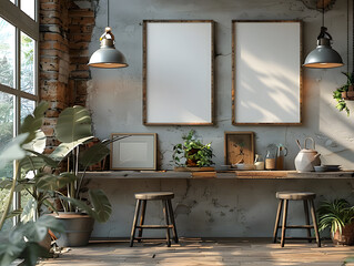 Architectural Depth: Modern Kitchen Enhanced by White Frame Mockups