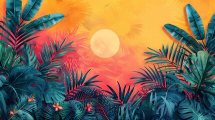 Modern Summer Party Card Design - Tropical Foliage with Bright Sunset Background - Packed Layout with Negative Space for Text - Perfect for Summer Celebrations and Event Promotions - Generative AI