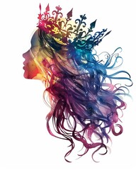 Obraz premium Watercolor illustration of a princess girl with fairy tales kingdom double exposure
