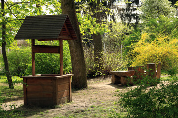 Relaxation area in the forest with wooden benches