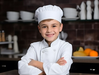 Caucasian boy with smile dressed as a chef in the kitchen.