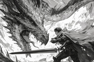 Anime Warrior and a Dragon, Concept Art.  Generated Image.  A digital illustration of a warrior with a sword and a fierce dragon in anime art style.