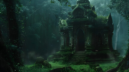 dark forest with an old temple in it 