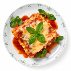Tasty hot Lasagna served with a basil leaf.