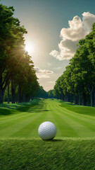 Close-up of a dimpled golf ball on green turf