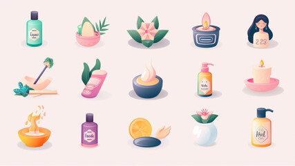 Beauty flat icons set. Slim girl, aromatherapy, sauna, lotus, wellness icons and more signs. Flat icon collection. Vector style, studio style