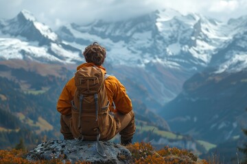 Man Sitting on Top of a Mountain With a Backpack