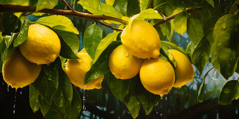 Lot of beautiful lemons hanging on a lemon tree with water splash, testy yellow lemon branch, generative AI