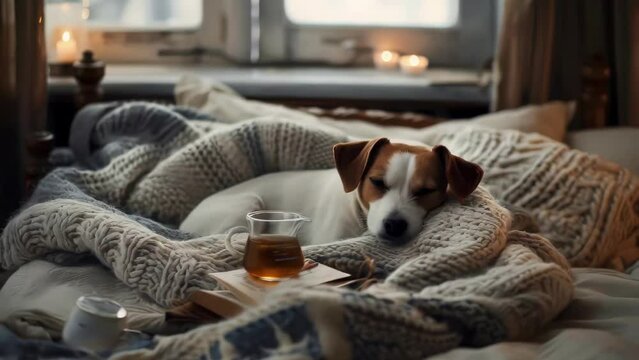 A dog is laying on a bed with a blanket and a cup of tea