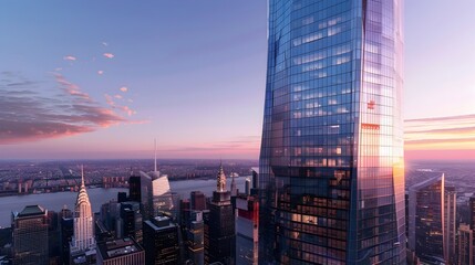 Obraz premium Stunning Futuristic Cityscape with Glassy Skyscraper at Sunset