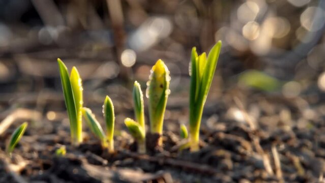 Tender green shoots emerge from rich soil, stretching towards the sun. These first spring sprouts symbolize nature's renewal, growth, and the promise of abundant life to come.
