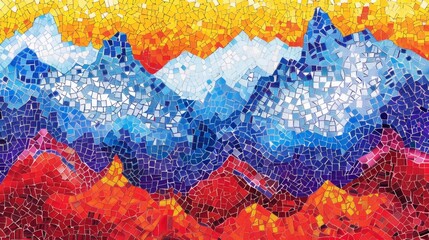 A bold and colorful mosaic made of tiny tiles each representing a different facet of a mountain ranges silhouette..