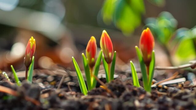 Tender green shoots emerge from rich soil, stretching towards the sun. These first spring sprouts symbolize nature's renewal, growth, and the promise of abundant life to come.
