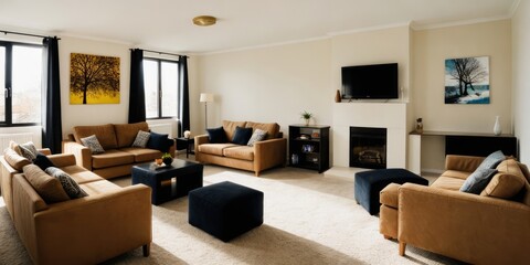 a living room interior with a couch, coffee table, and a window.