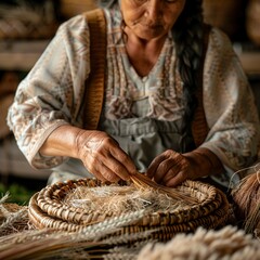Closeup of a woman working on a handmade basket, weaving techniques and natural materials
