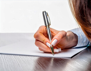 Closeup of woman brunette hand writing on paper blank contract empty