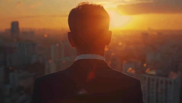 A man in a suit is looking out over a city at the sun