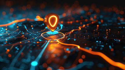 Digital Circuit Board with Glowing Location Pin Symbol