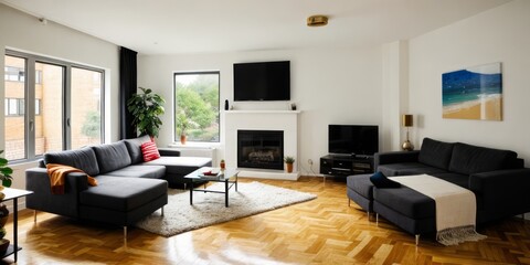a living room interior with a couch, coffee table, and a window.