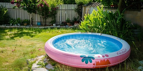 Inflatable pool in garden 