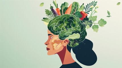 Graphic of a woman with her brain composed of fresh vegetables, highlighting dietary impact on mental health - 797576746