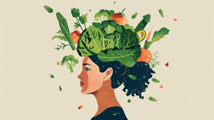 Graphic of a woman with her brain composed of fresh vegetables, highlighting dietary impact on mental health - 797576787
