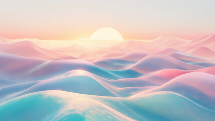 Surreal pastel dunes under a soft sunset, a peaceful and otherworldly landscape blending fantasy with nature.