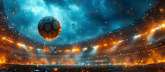 A soccer ball soars through the stadiums atmosphere like a cloud in the sky