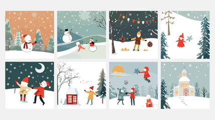 Set of Christmas greeting cards with children playing