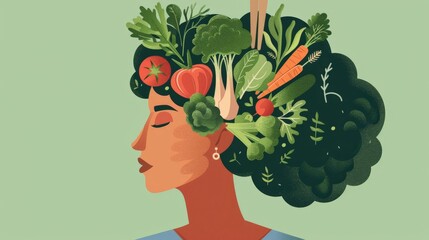 Graphic of a woman with her brain composed of fresh vegetables, highlighting dietary impact on mental health - 797577517