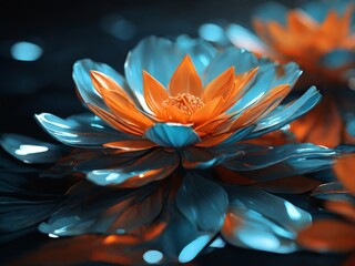 A mesmerizing abstract flower, with reflections dancing in the dark orange and light azure hues.