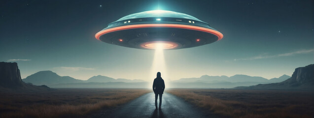 Person views UFO, nostalgic style. - obrazy, fototapety, plakaty