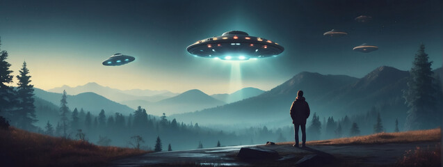 Person views UFO, nostalgic style. - obrazy, fototapety, plakaty