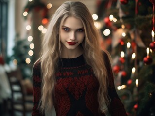Fototapeta premium a woman with long blonde hair wearing a red and black sweater