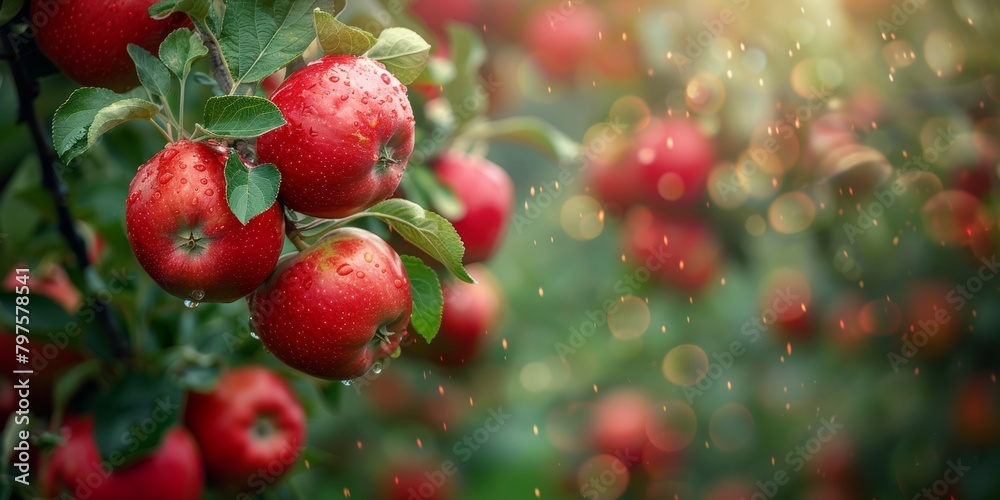 Wall mural apple tree with red apples, in the background more blurry apple trees