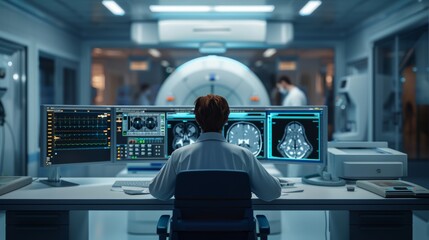 A radiologist sits at a computer monitor and analyzes magnetic resonance imaging (MRI) results as part of a patient's examination. - obrazy, fototapety, plakaty