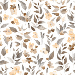 Beautiful seamless floral pattern with abstract flowers and leaves. Watercolor print. Watercolor autumn. Vintage style.