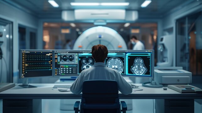 A radiologist sits at a computer monitor and analyzes magnetic resonance imaging (MRI) results as part of a patient's examination.