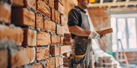 Fototapeta premium Latin Bricklayer in house under construction background, copy space