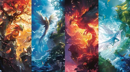 A griffin with earthtoned feathers perched on a rocky cliff A mermaid swimming amidst a coral reef A phoenix rising from flames A winged syl