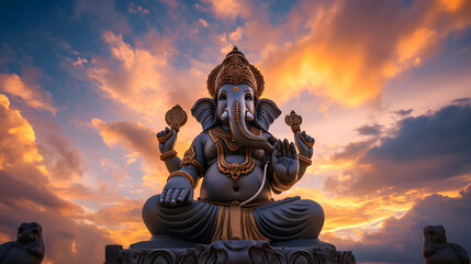 Lord ganesha sculpture at beautiful sunset. Goddess ganesh festival.