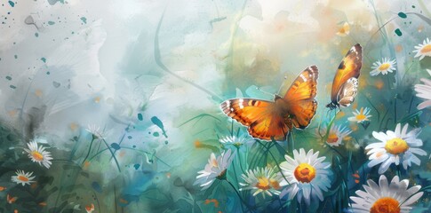 Watercolor painting of two butterflies on daisies in the meadow