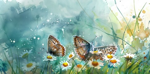 Watercolor painting of two butterflies on daisies in the meadow